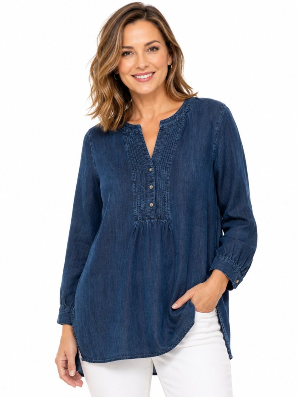 Pure Jill Indigo J. Jill Indigo Blue Tunic Top Pintuck Button Long Sleeve Sz M